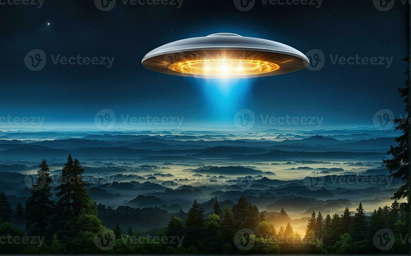 AI generated an alien spaceship flying over a field photo