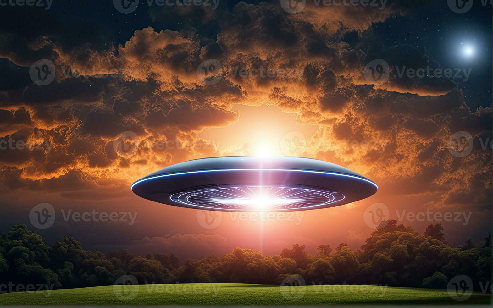 AI generated an alien spaceship flying over a field photo