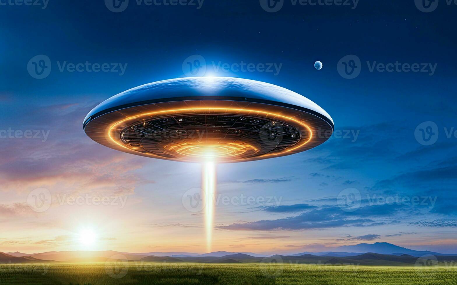 AI generated an alien spaceship flying over a field photo