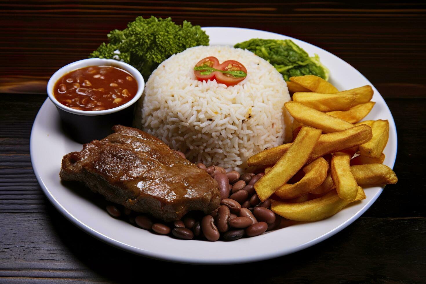 AI generated Rice, beans, French fries, and meat. Generative AI photo