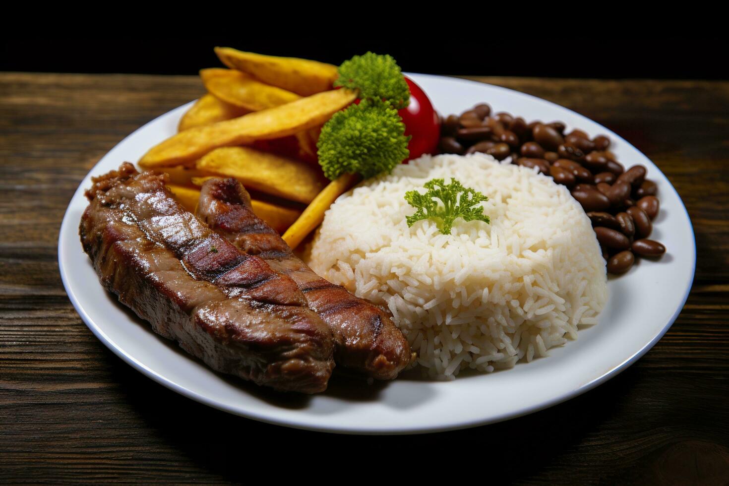 AI generated Rice, beans, French fries, and meat. Generative AI photo