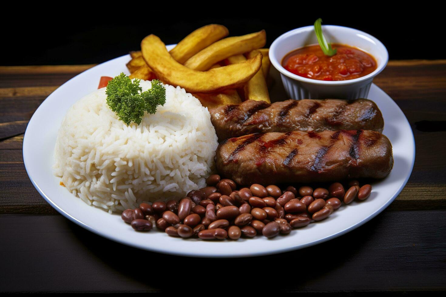 AI generated Rice, beans, French fries, and meat. Generative AI photo