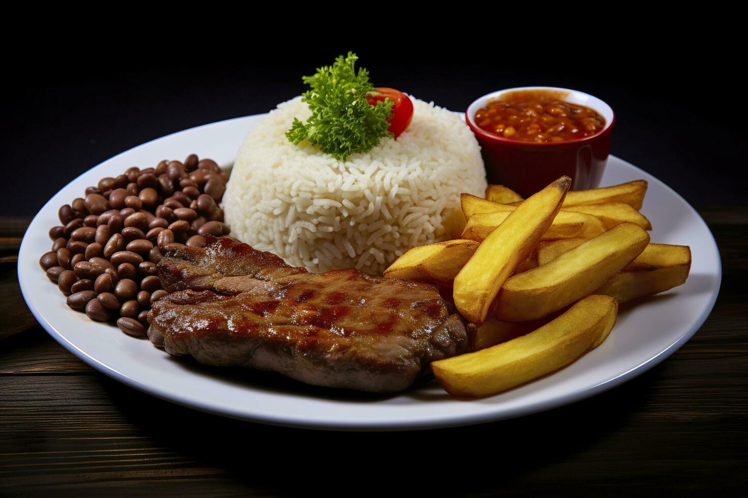 ai generado arroz, frijoles, francés papas fritas, y carne. generativo ai foto