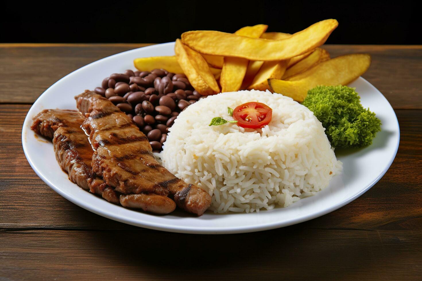 AI generated Rice, beans, French fries, and meat. Generative AI photo
