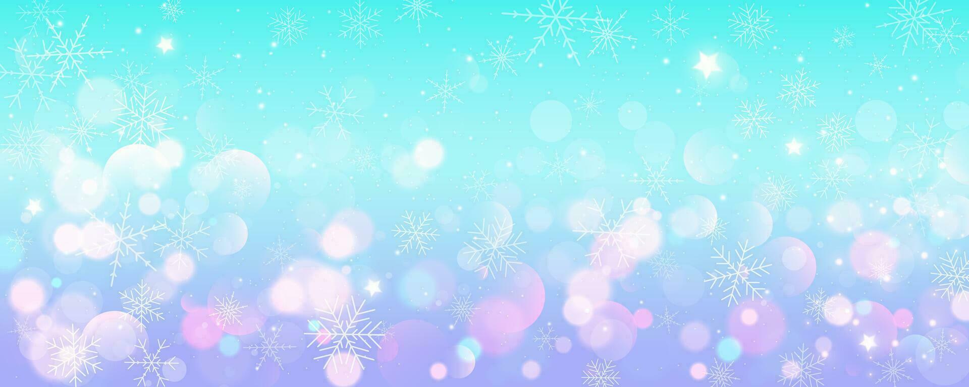 Christmas snowy background. Cold blue winter sky. Vector ice blizzard on gradient texture with bokeh and flakes. Festive new year theme for season sale wallpaper.
