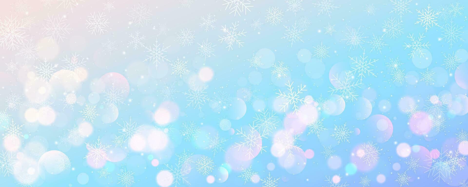 Christmas snowy background. Cold pink blue winter sky. Vector ice blizzard on gradient texture with bokeh and flakes. Festive new year theme for season sale wallpaper.