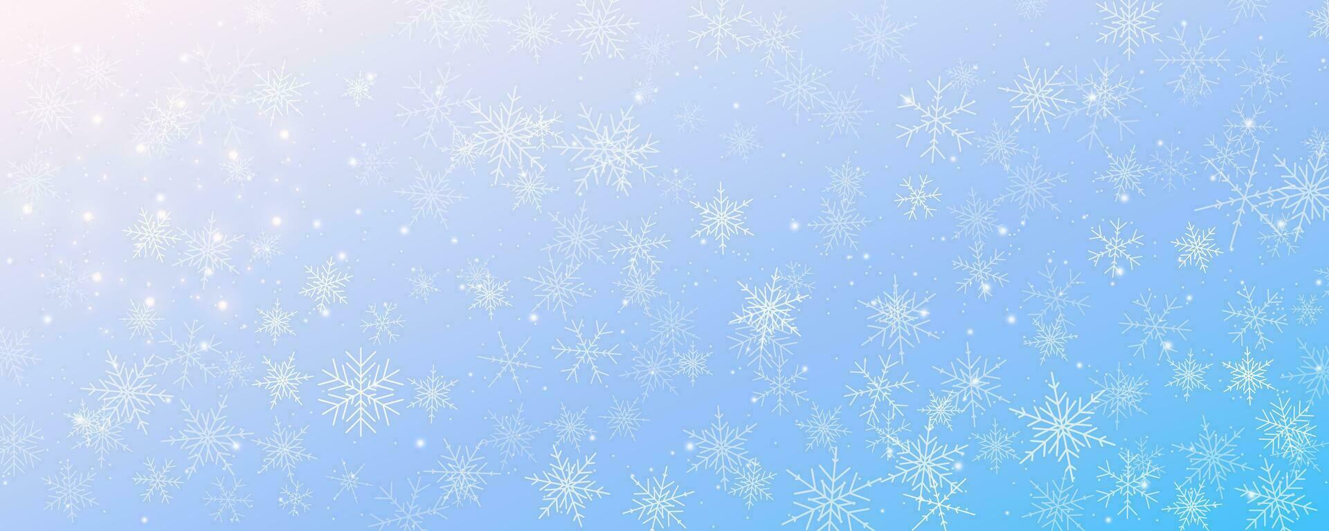 Snowflakes winter Christmas vector background. Blue and white frost sky. Gradient cold blizzard landscape.