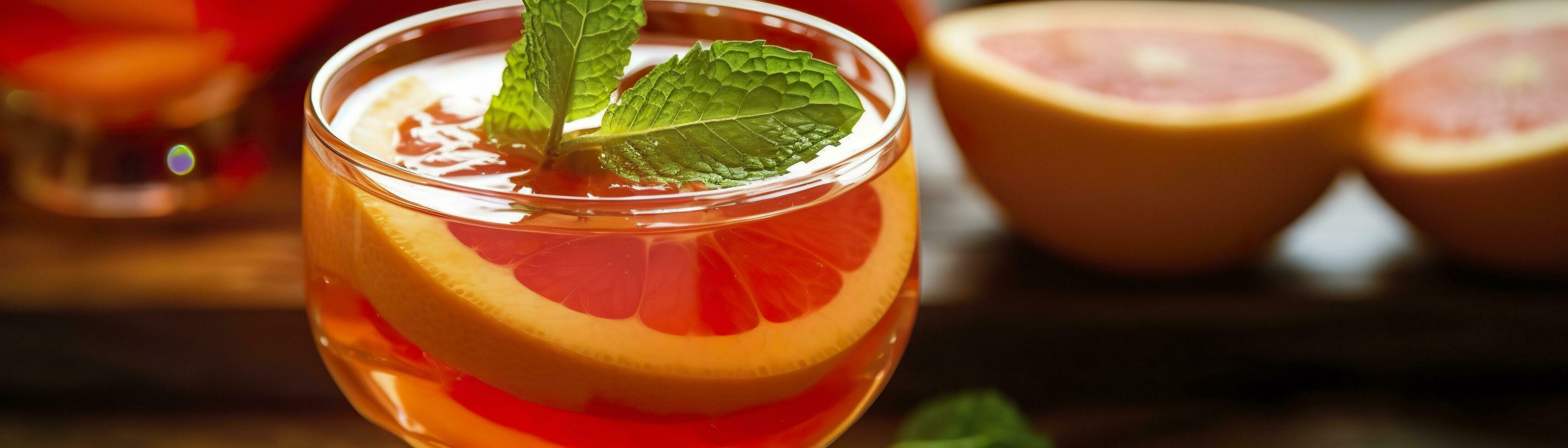AI generated Red orange punch with green mint home made cocktail closeup on wood background. Generative AI photo