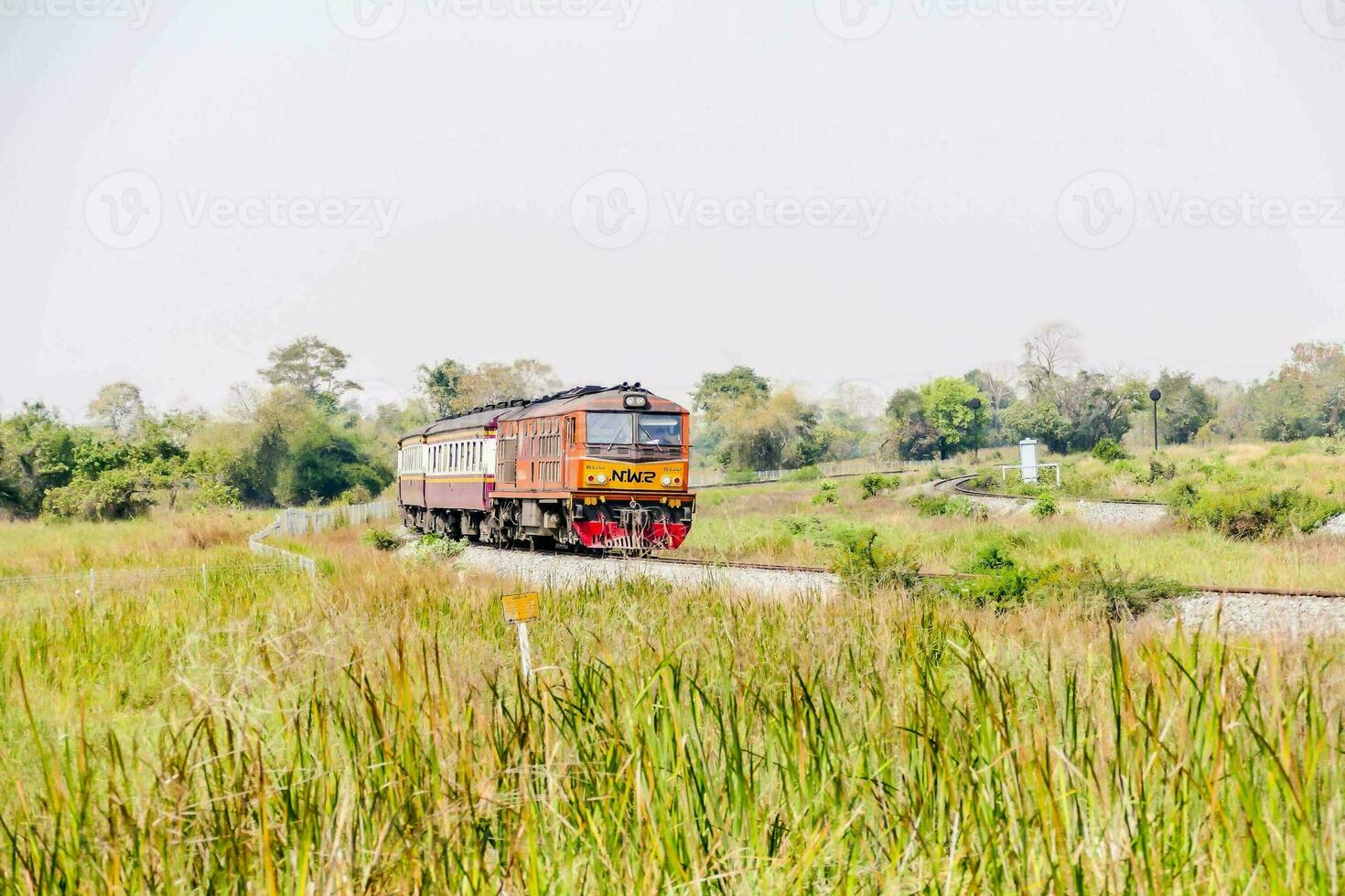 an orange train traveling through a grassy field photo