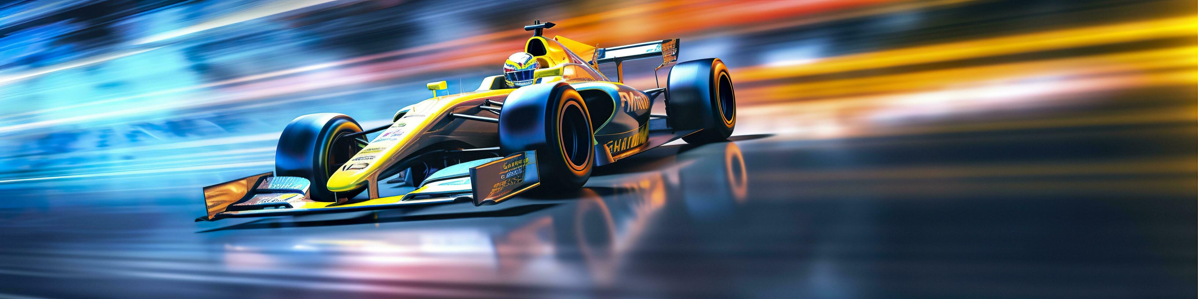 AI generated Racing car at high speed. Racer on a racing car passes the track. Motor sports competitive team racing. Motion blur background. Generative AI photo