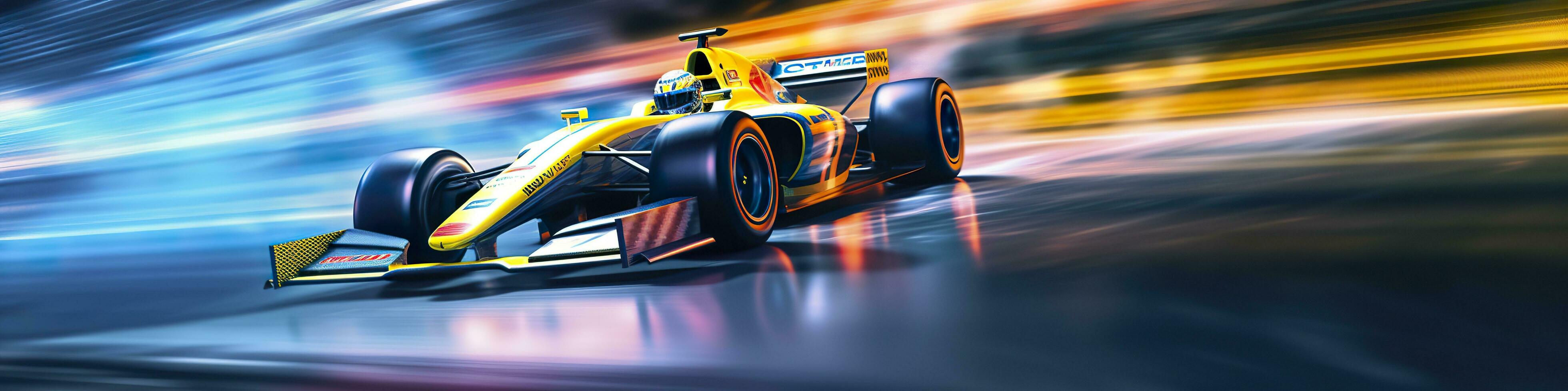 AI generated Racing car at high speed. Racer on a racing car passes the track. Motor sports competitive team racing. Motion blur background. Generative AI photo