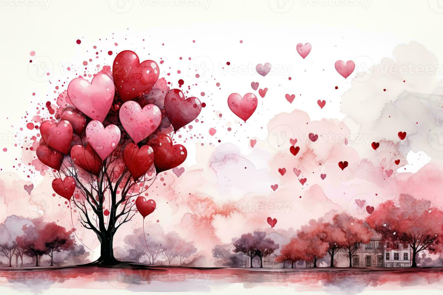 AI generated Valentines Day pink watercolor landscape background. Ai generative art photo