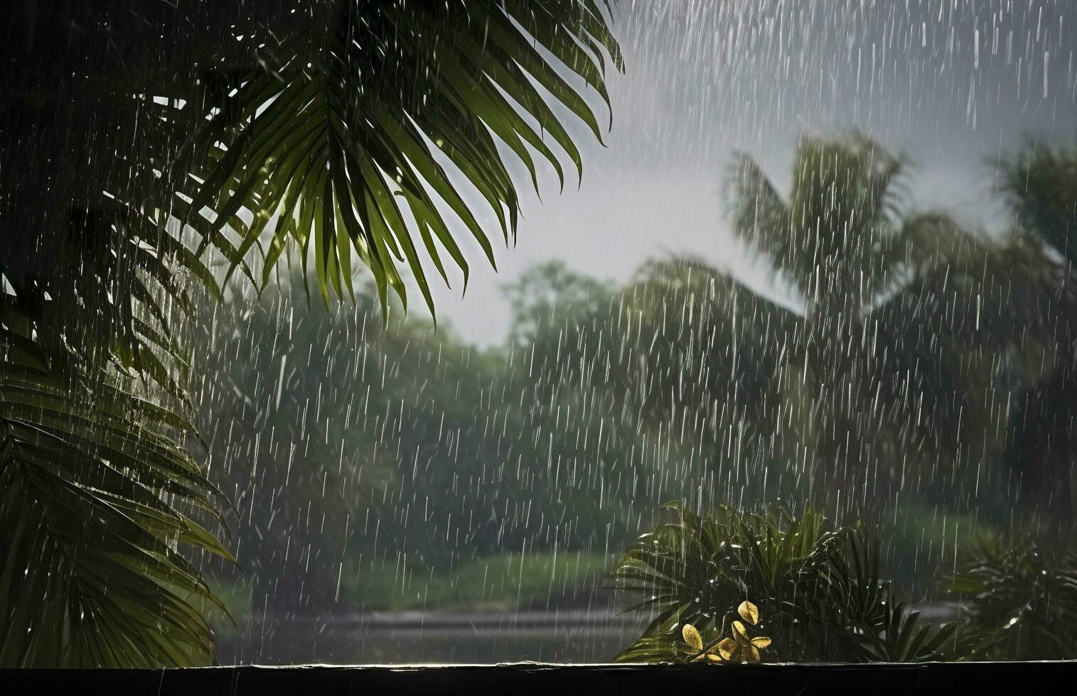 ai generado lluvia en el zona tropical durante el bajo temporada o monzón estación. gotas de lluvia en un jardín. generativo ai foto