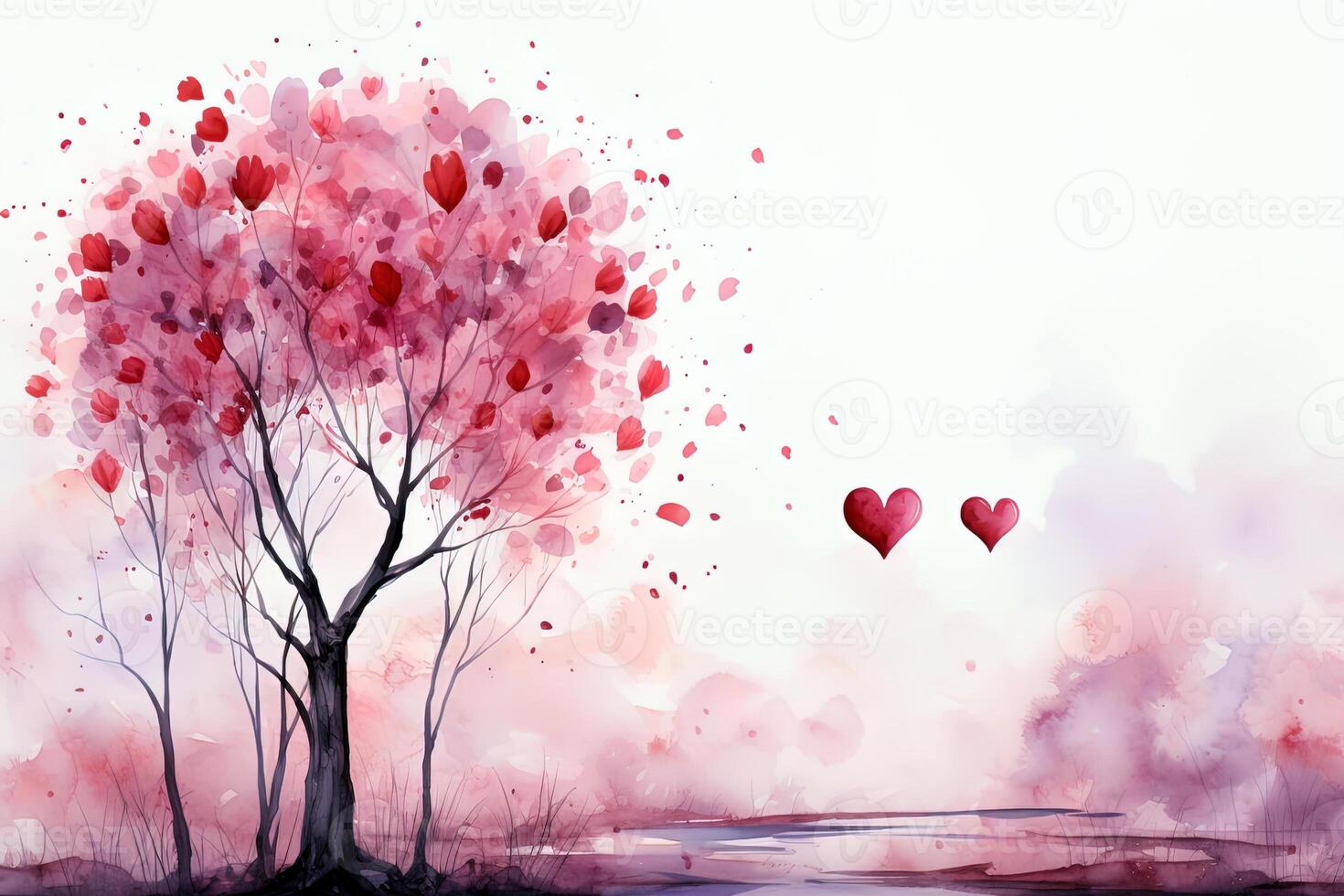 AI generated Valentines Day pink watercolor landscape background. Ai generative art photo