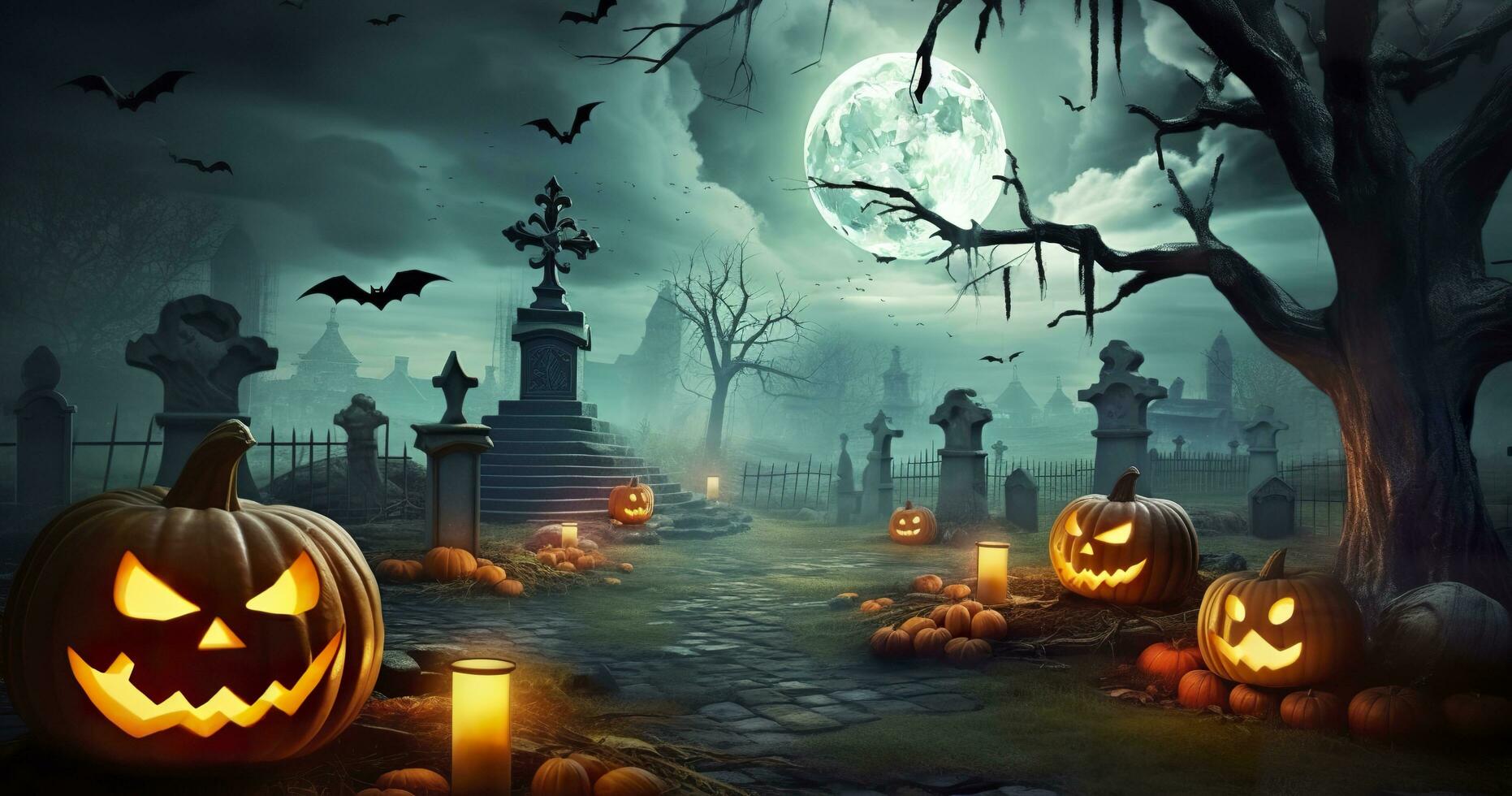 AI generated Pumpkins In Graveyard In The Spooky Night, Halloween ...