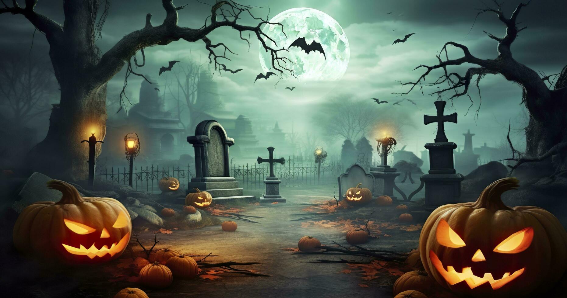 AI generated Pumpkins In Graveyard In The Spooky Night, Halloween ...