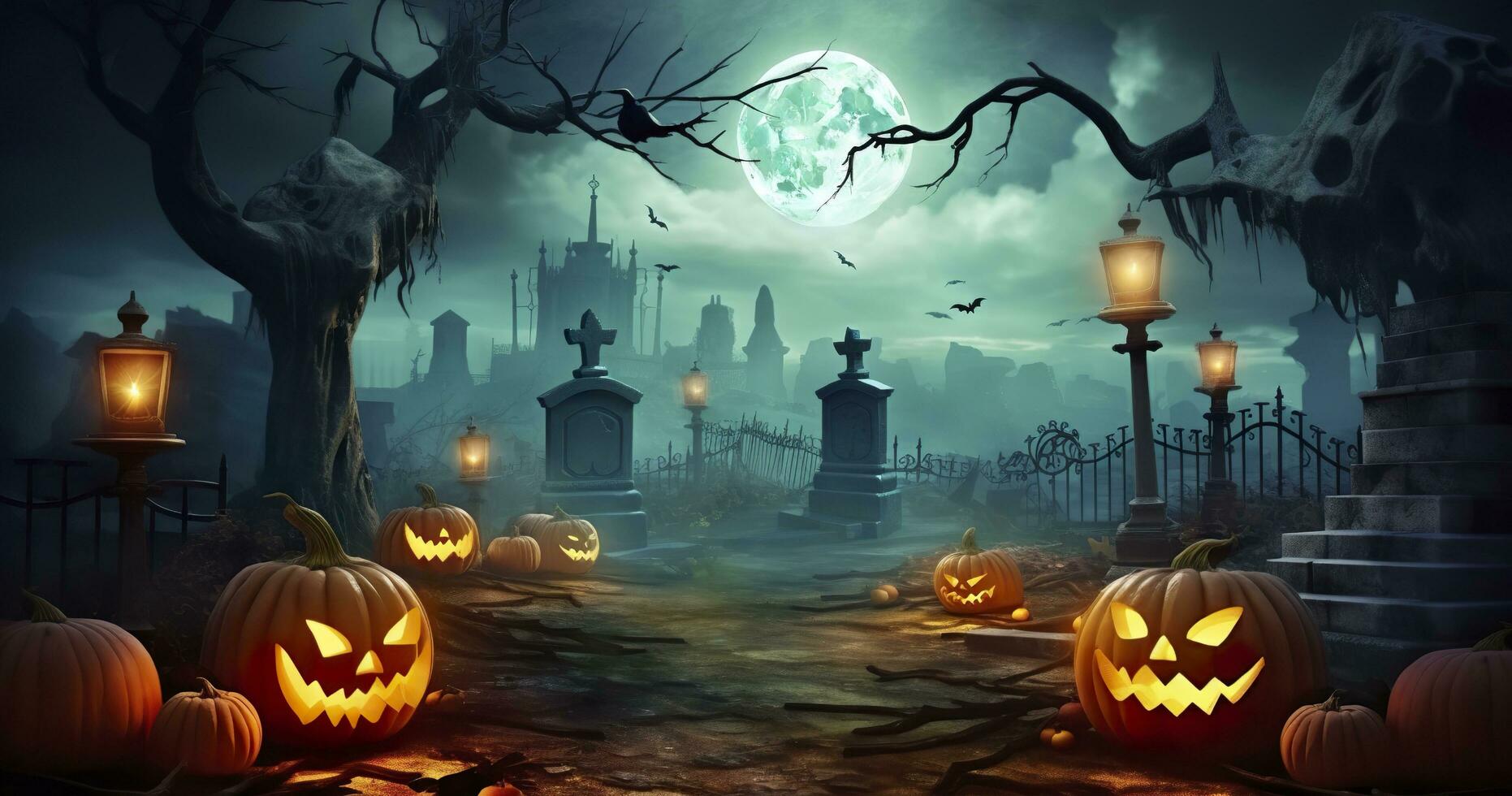 AI generated Pumpkins In Graveyard In The Spooky Night, Halloween ...