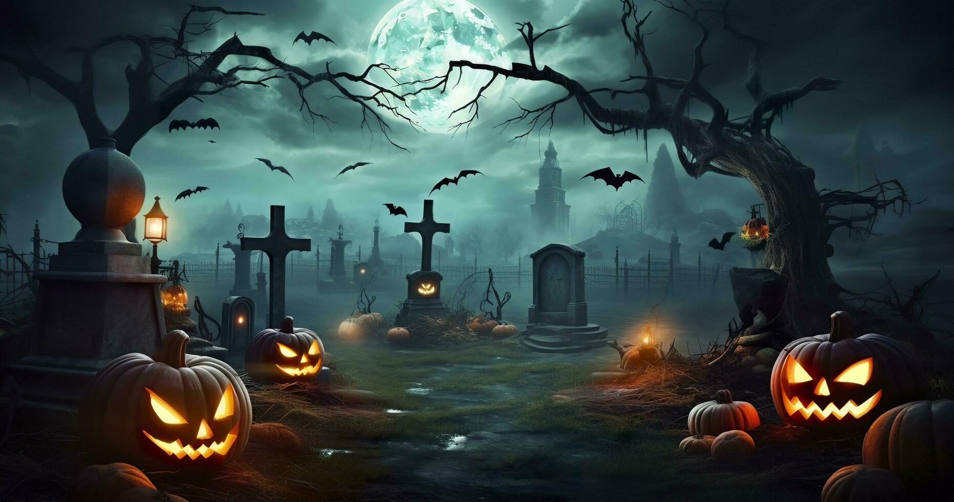 AI generated Pumpkins In Graveyard In The Spooky Night, Halloween Backdrop. Generative AI photo