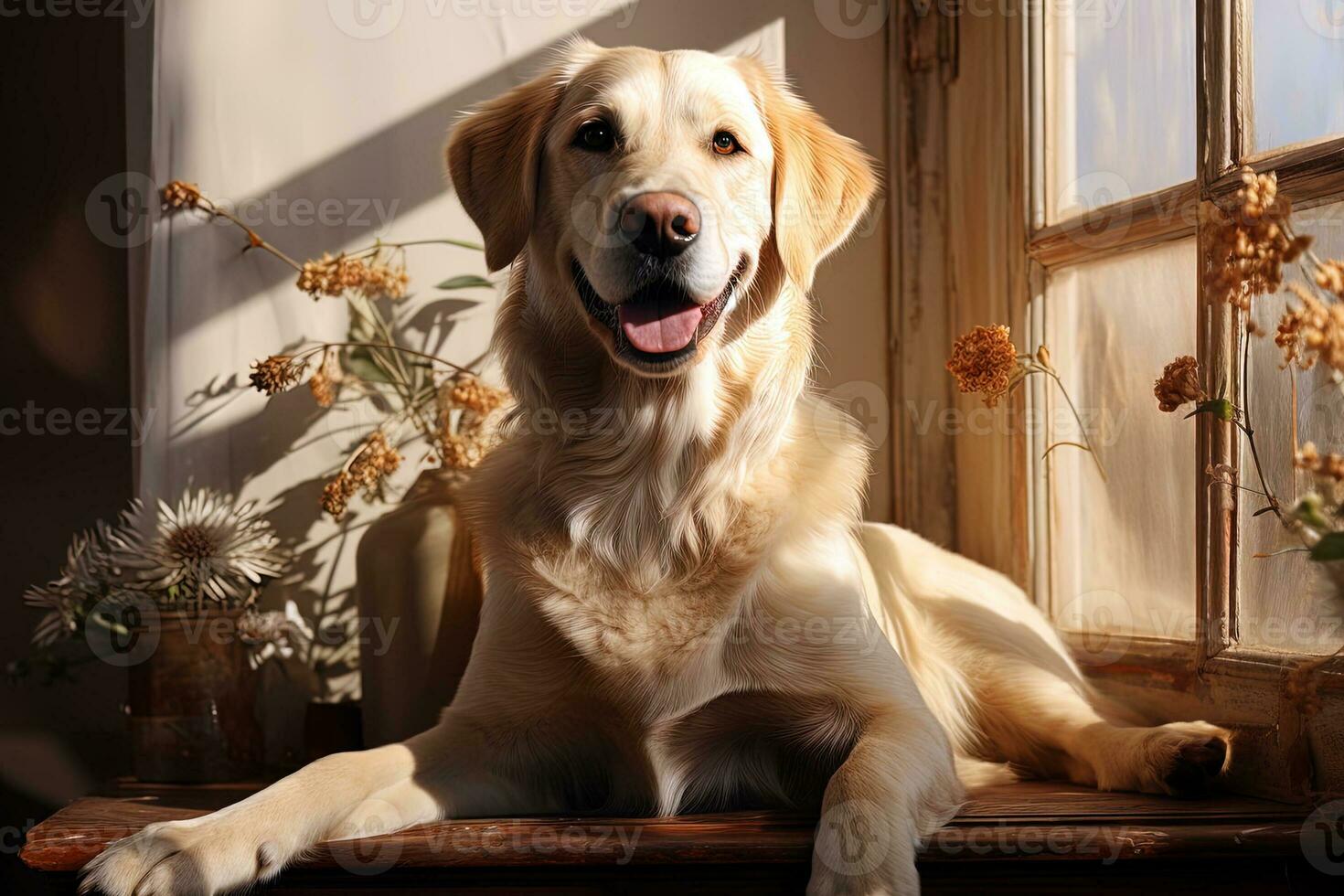 ai generado retrato de un blanco Labrador perdiguero en un beige neutral fondo, recortado foto, natural ligero. ai Arte foto