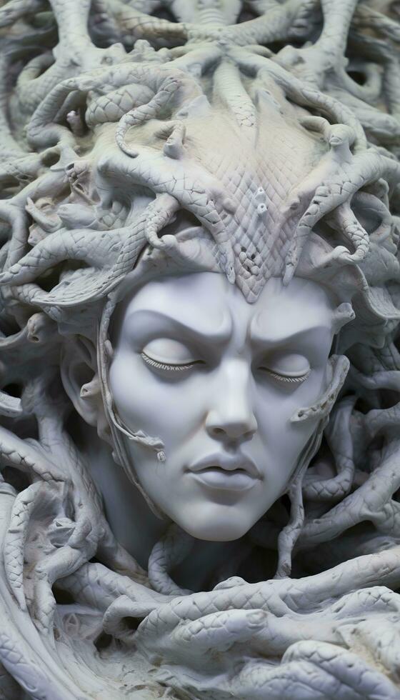 AI generated Portrait of cyborg medusa close up carved in marble. AI Generated photo