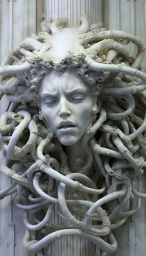 AI generated Portrait of cyborg medusa close up carved in marble. AI Generated photo