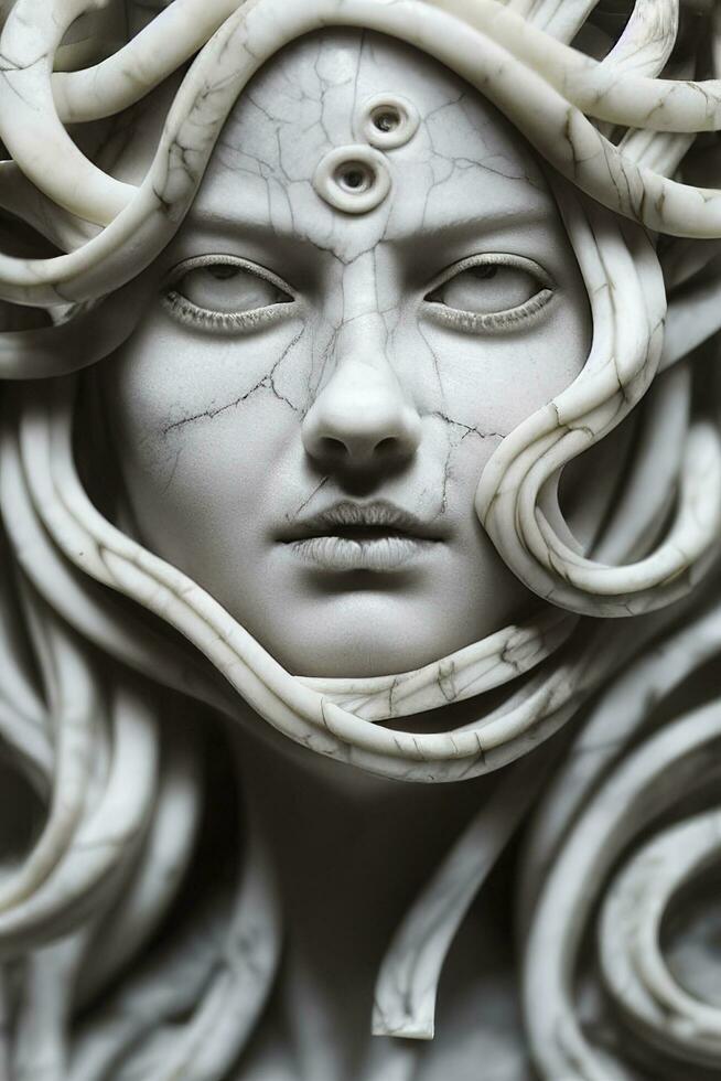 AI generated Portrait of cyborg medusa close up carved in marble. AI Generated photo