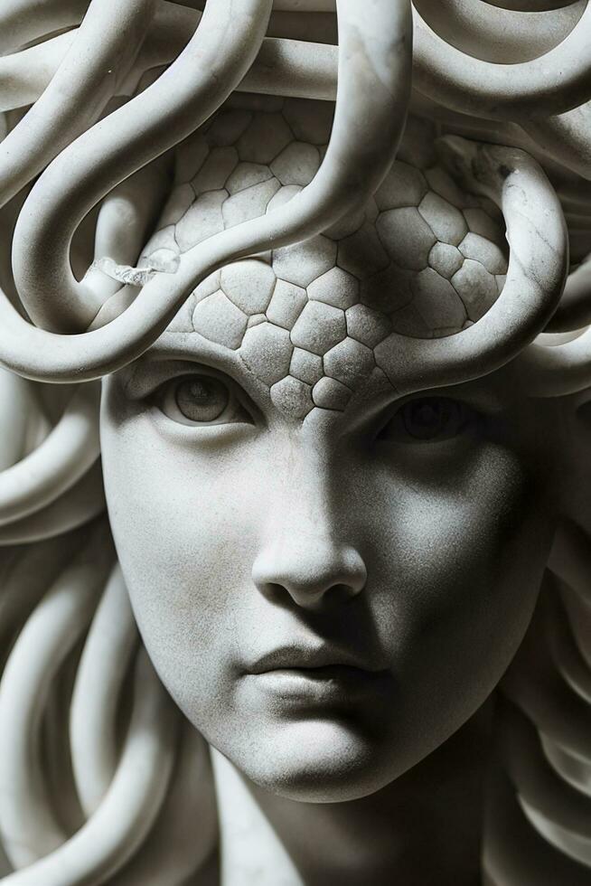 ai generado retrato de cyborg medusa cerca arriba tallado en mármol. ai generado foto