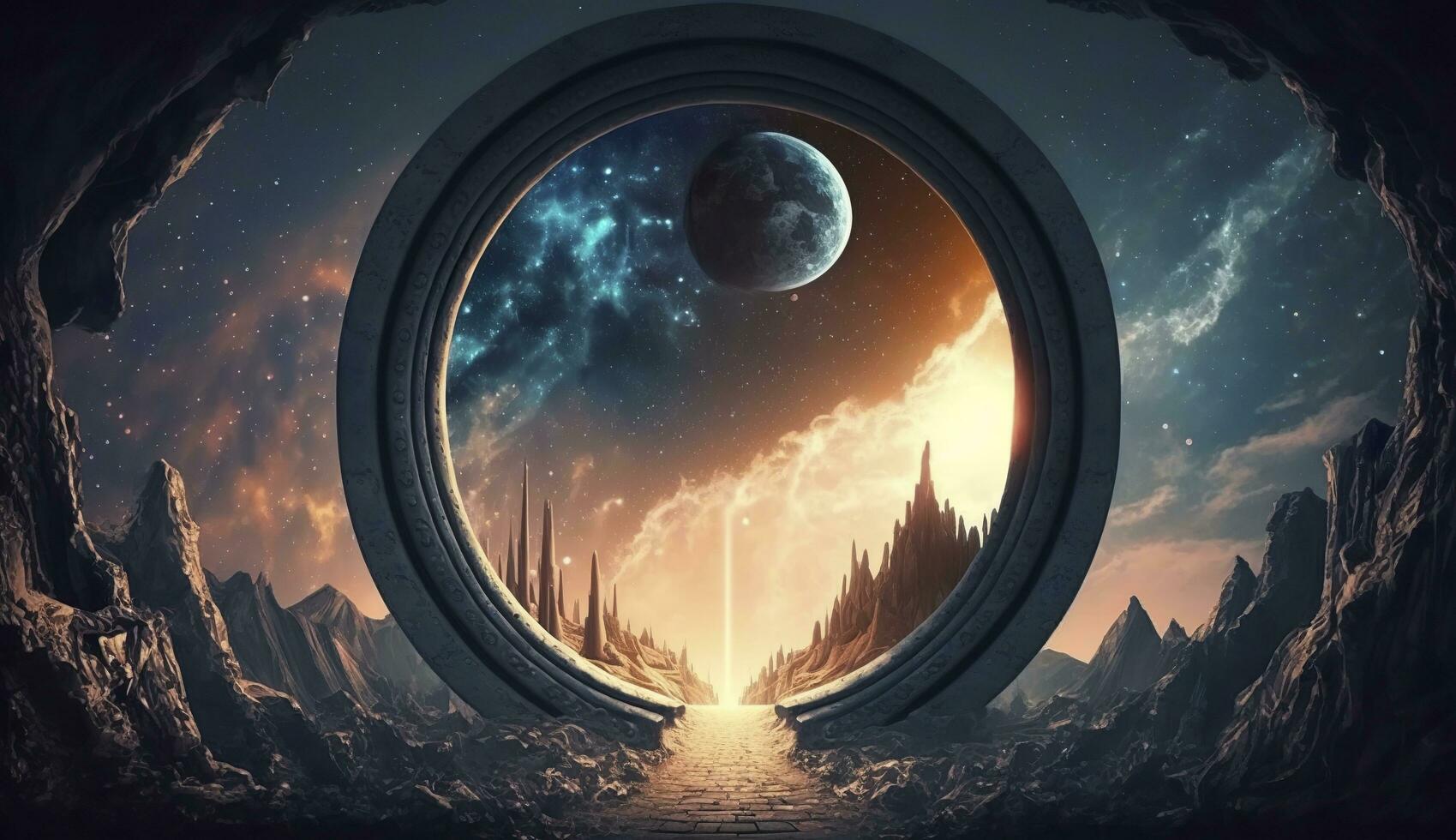 AI generated Portal to another world. Futuristic cosmic landscape with circle tunnel in starry sky. Generative AI photo