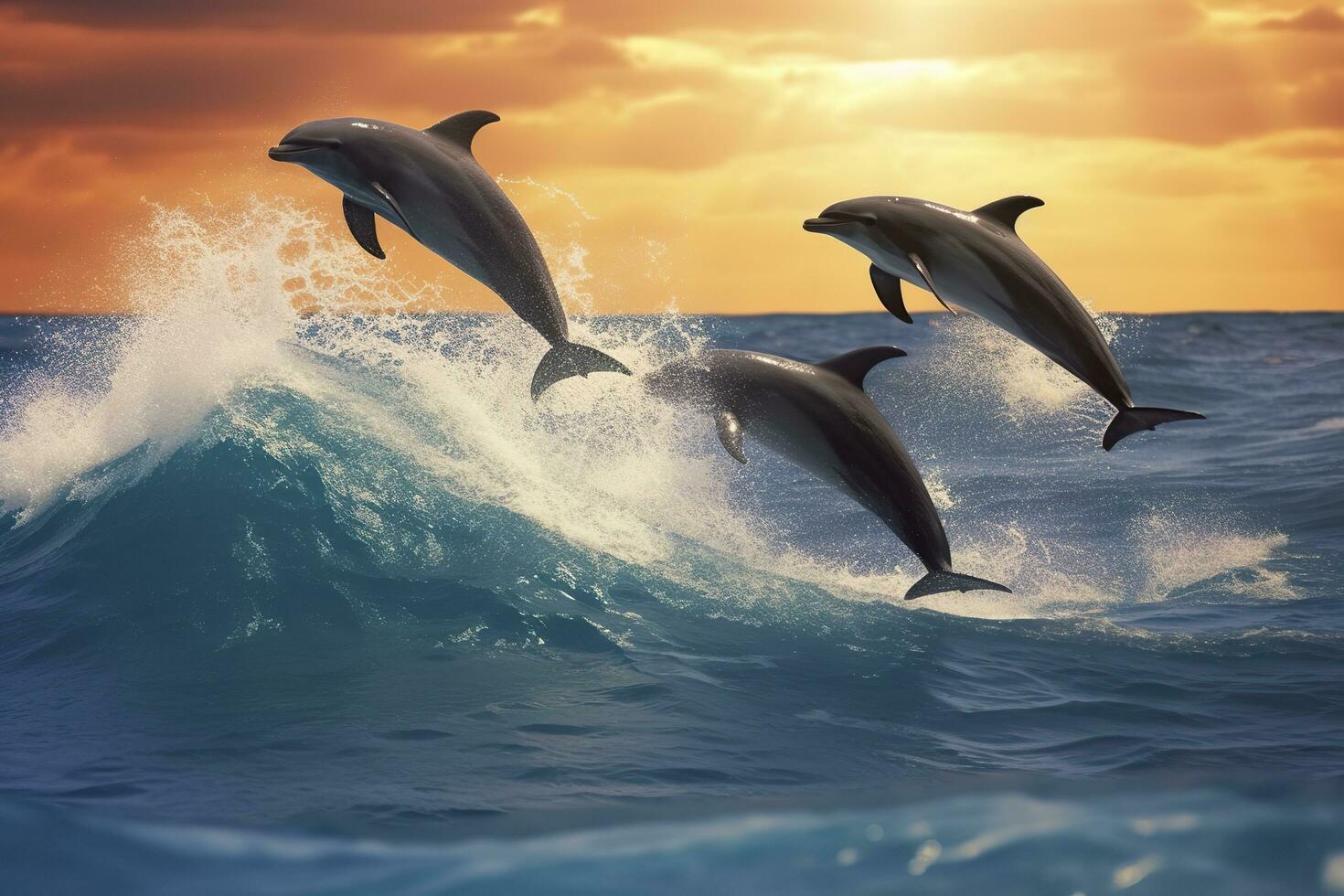 AI generated Playful dolphins jumping over breaking waves. Hawaii Pacific Ocean wildlife scenery. Generative AI photo