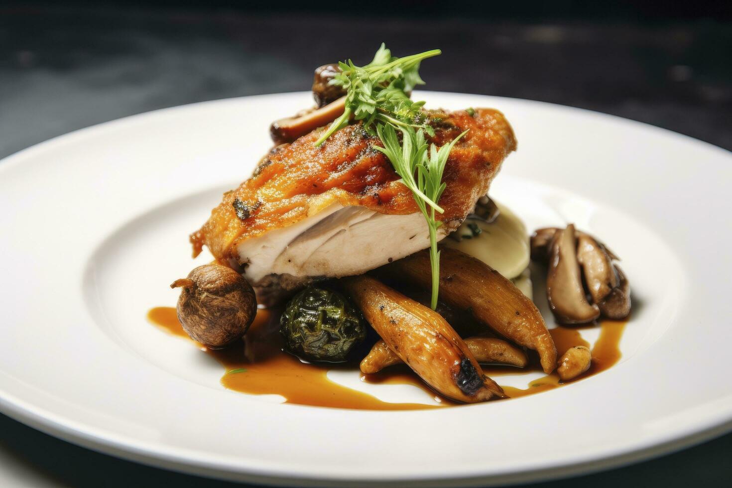 AI generated Plated chicken roast dinner on a white plate with carrot and morel mushroom. AI Generated. photo