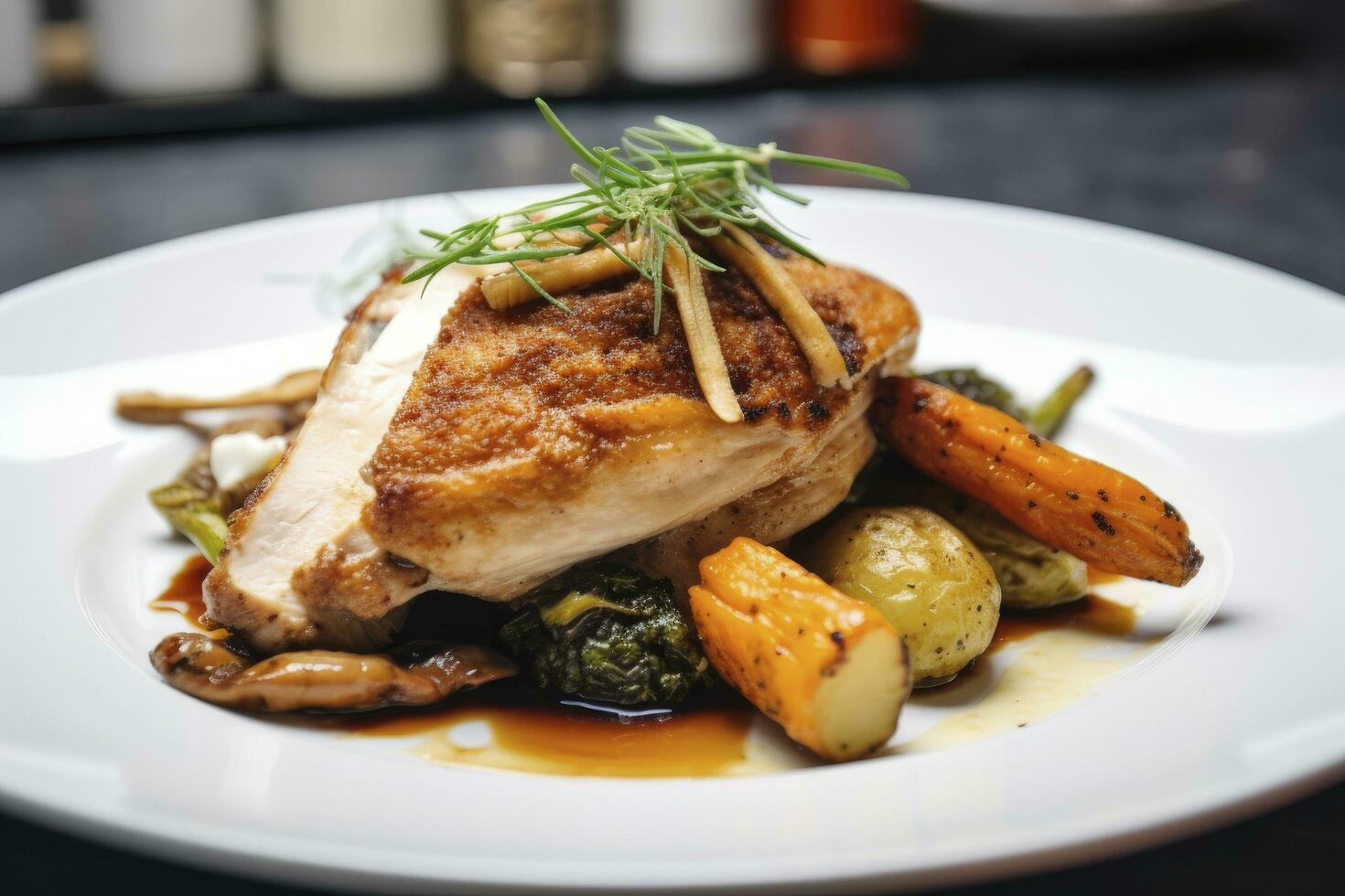 AI generated Plated chicken roast dinner on a white plate with carrot and morel mushroom. AI Generated. photo