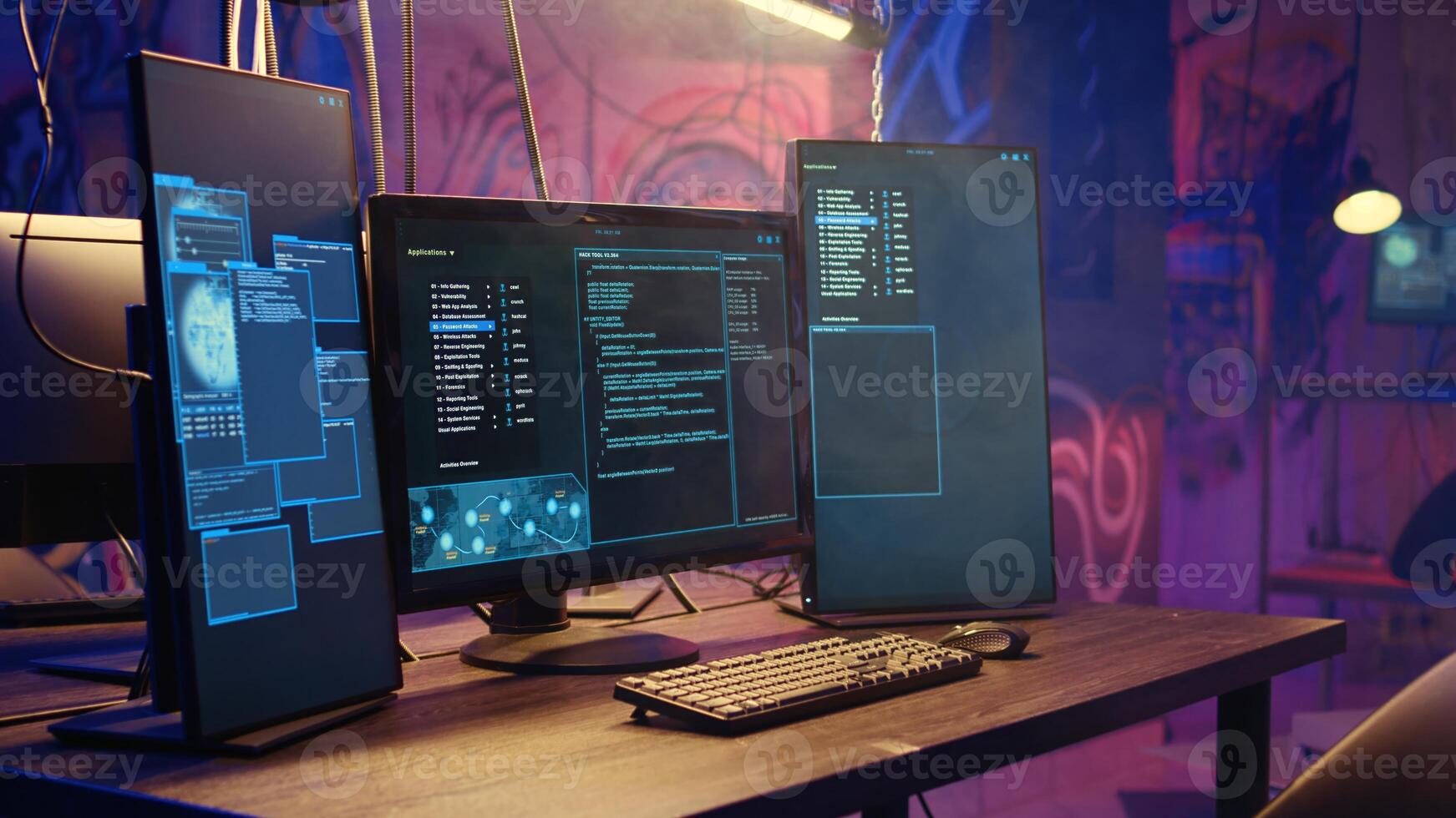 Zoom in shot on software interface on computer screen showing programming code running in empty warehouse with graffiti sprayed on walls. Binary language on monitors in underground base photo