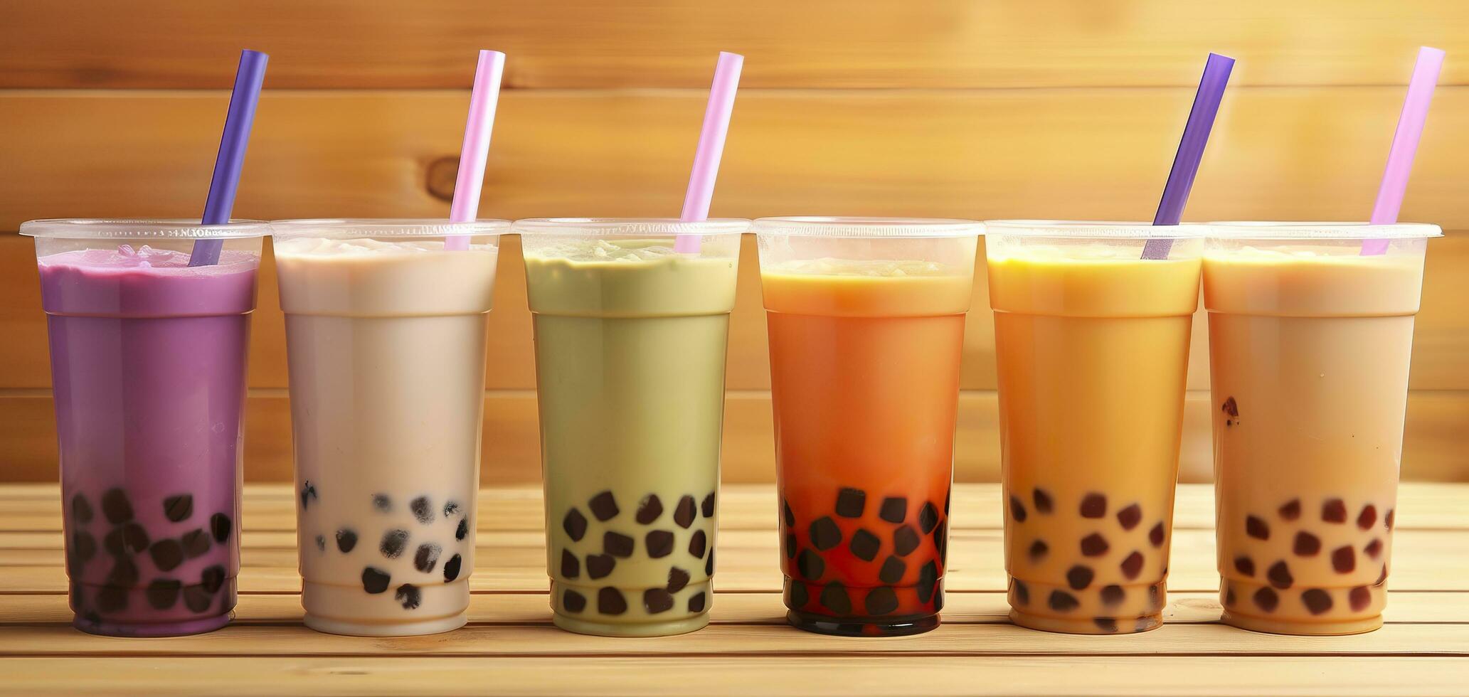 AI generated Plastic cups of different tasty bubble tea on wooden background. Generative AI photo