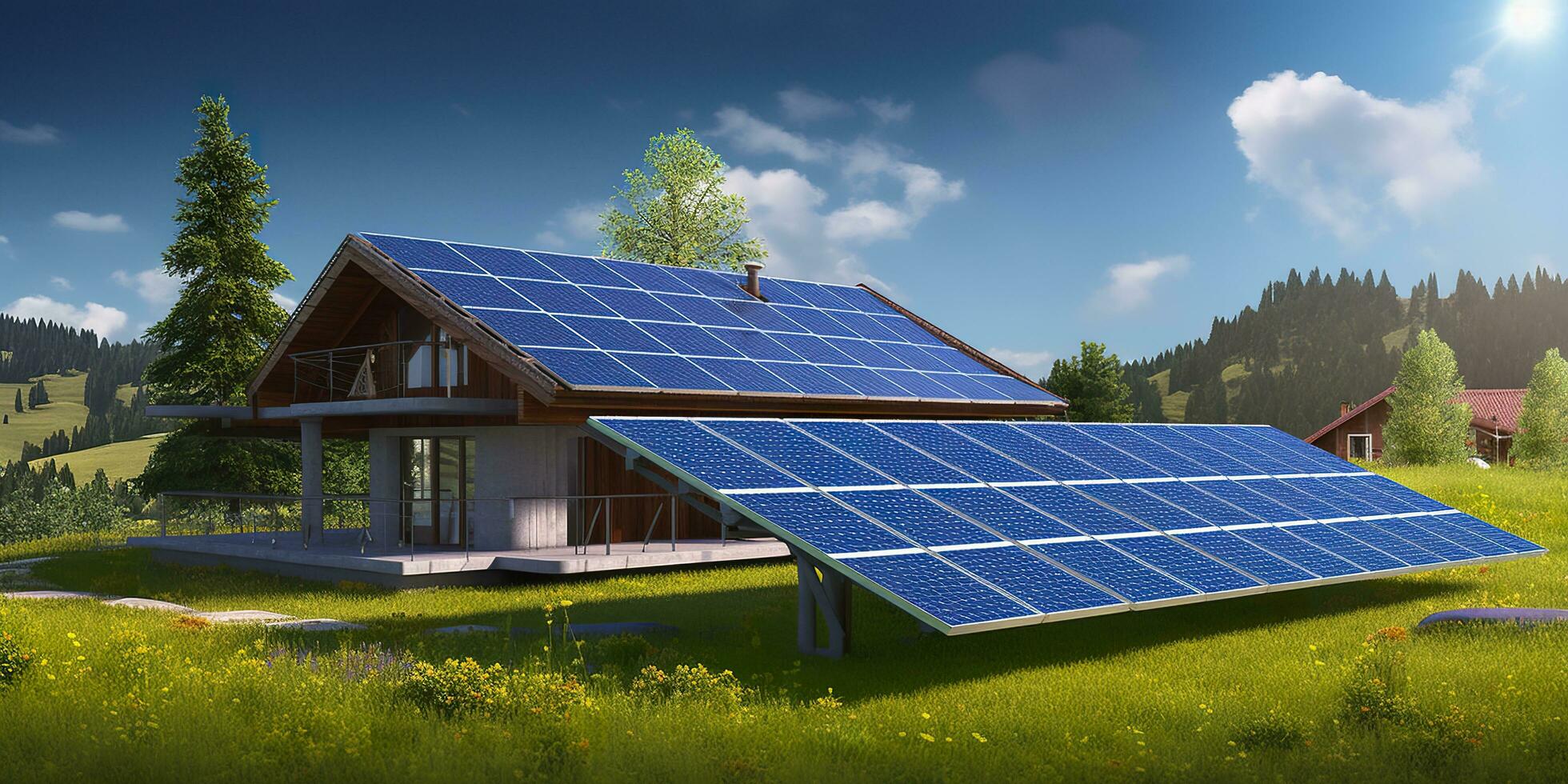 AI generated Photovoltaic solar panels. Sustainable energy. A mini power plant for a home. Generative AI photo