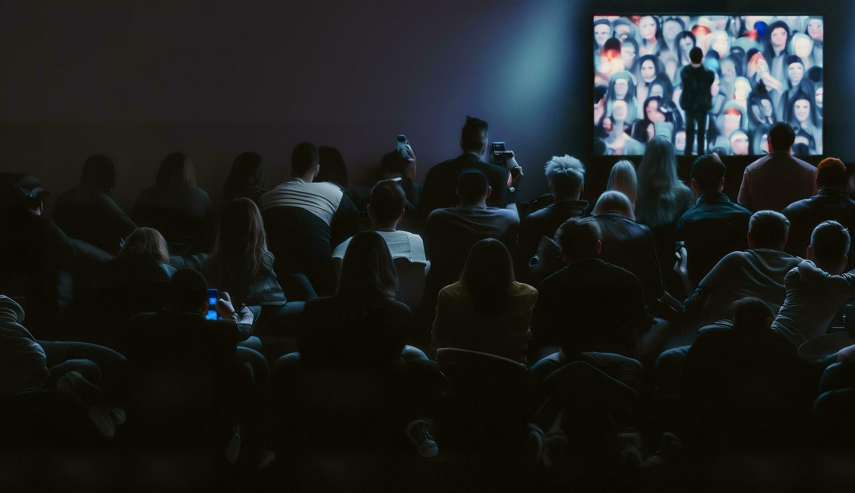 ai generado personas multitud acecho televisor. televisión adiccion, propaganda y falso Noticias concepto. generativo ai foto