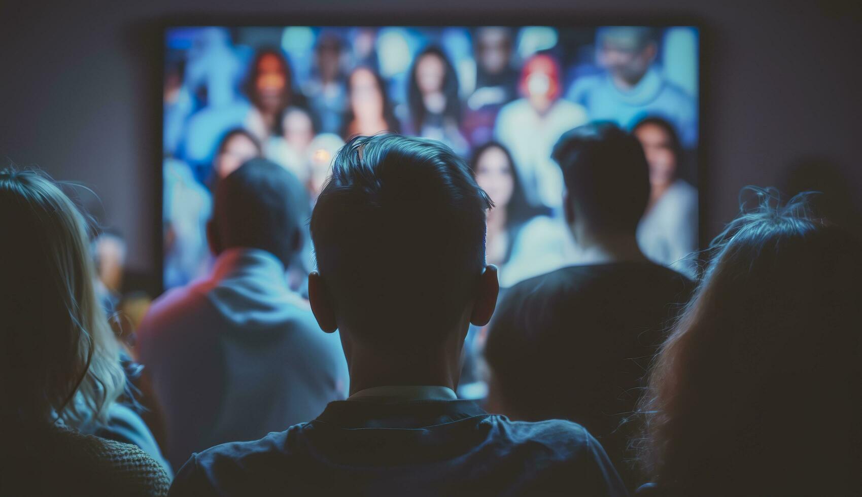 ai generado personas multitud acecho televisor. televisión adiccion, propaganda y falso Noticias concepto. generativo ai foto