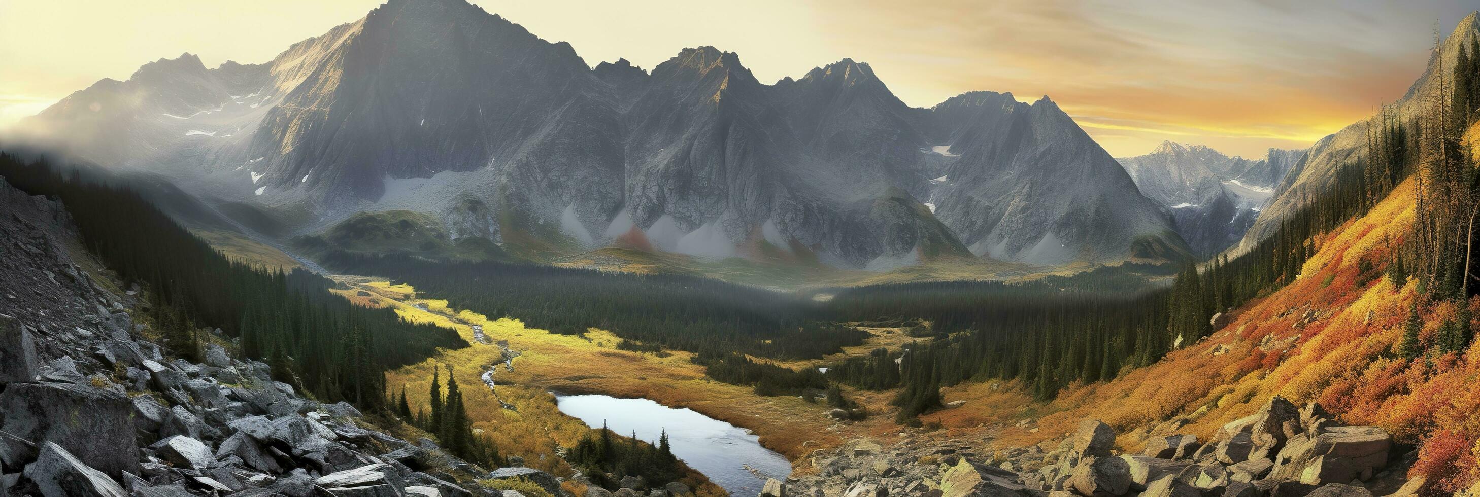 AI generated Panorama mountain autumn landscape. AI Generated photo