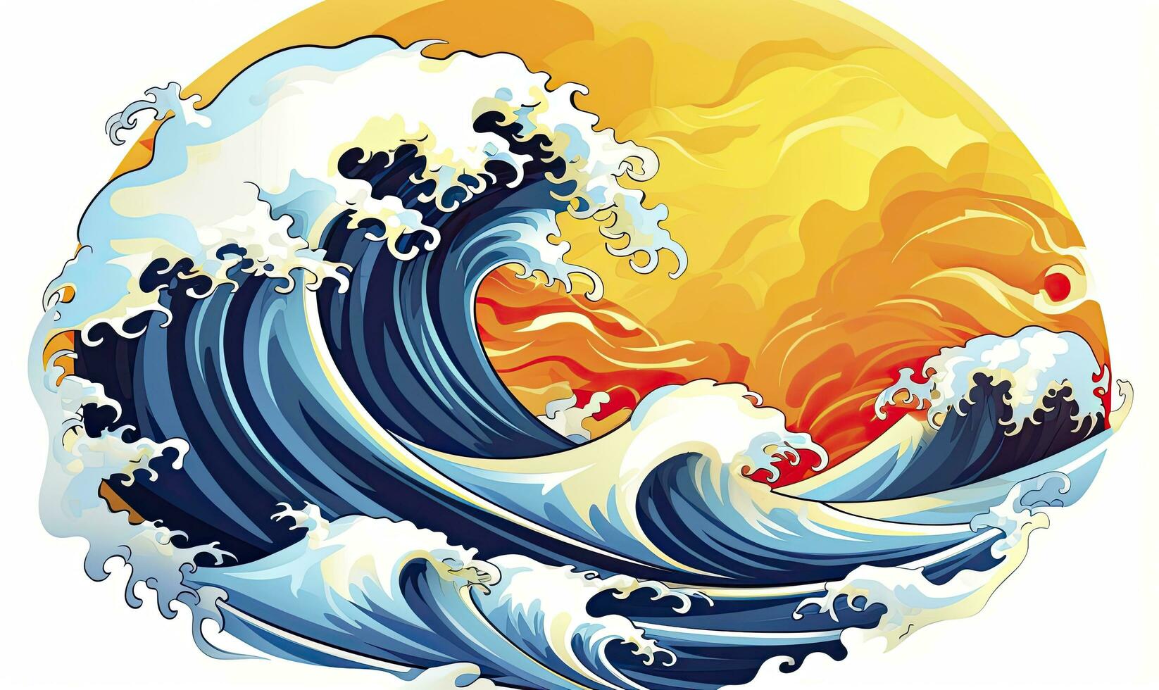 AI generated Ocean wave sun clouds, blue yellow abstract ocean wave. AI Generated. photo