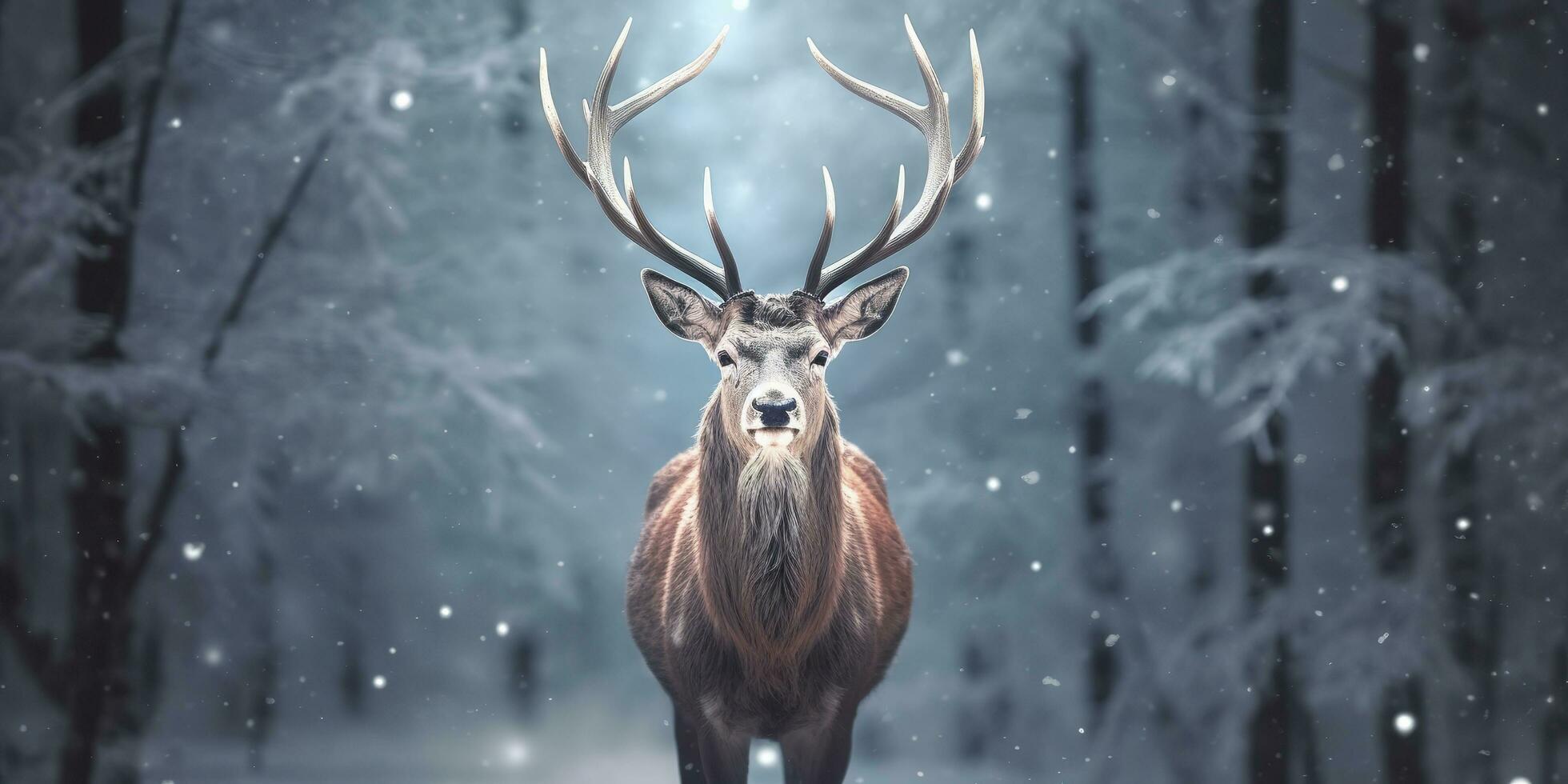 AI generated Noble deer male in the winter snow forest. Artistic winter Christmas landscape. AI Generated photo