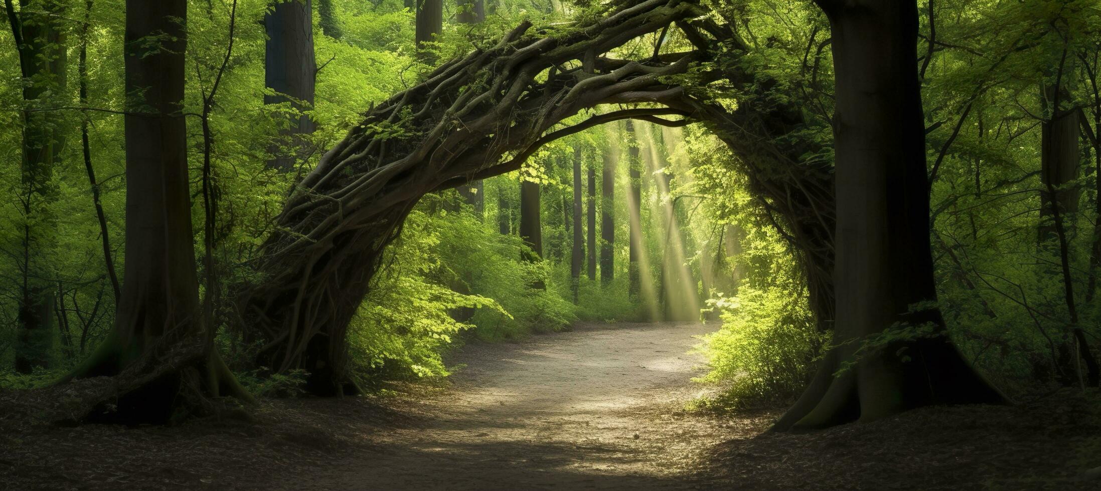 AI generated Natural archway shaped by branches in the forest. AI Generated photo