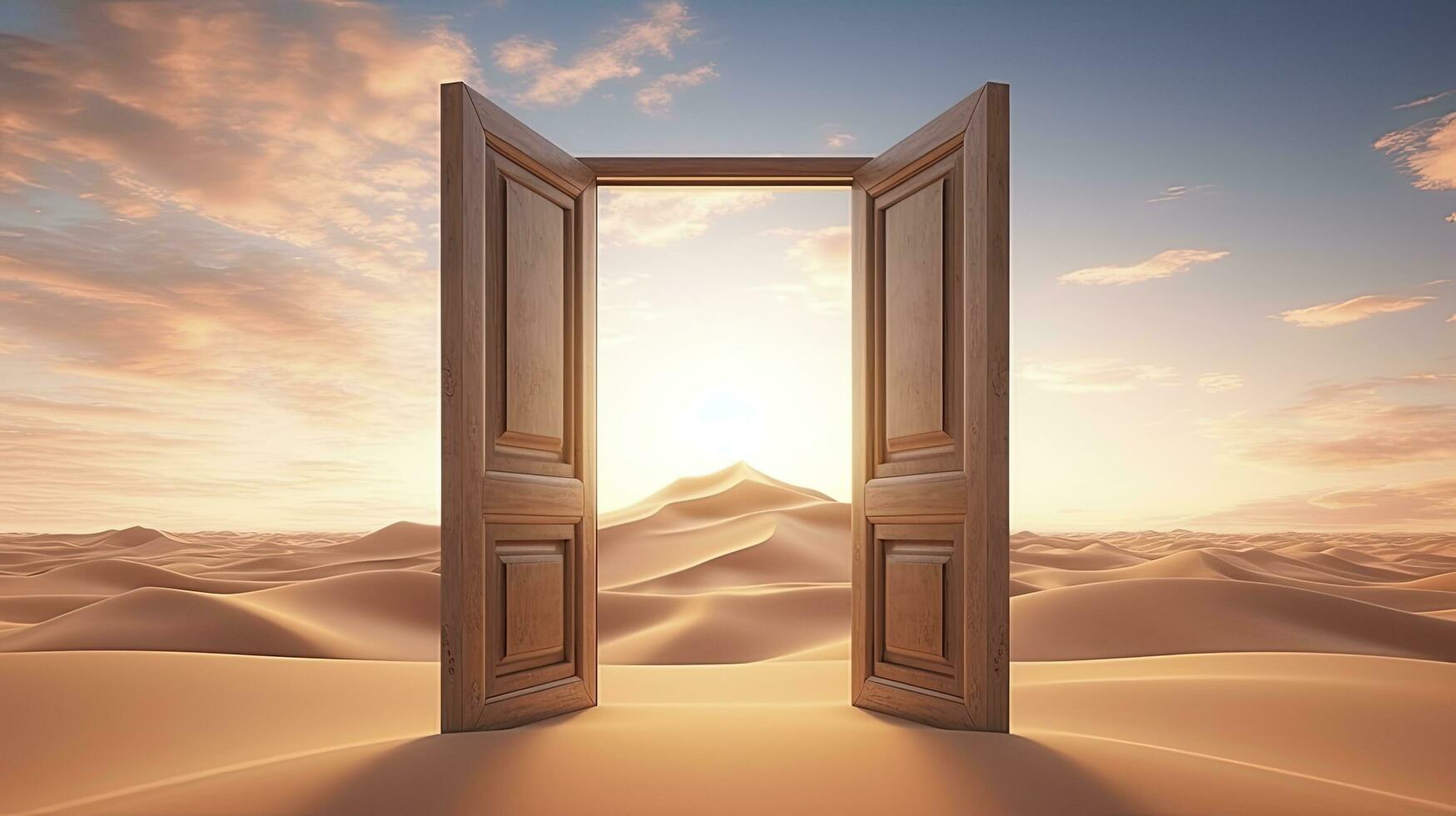 ai generado el abrió puerta en el desierto. desconocido y comienzo arriba concepto. ai generado. foto