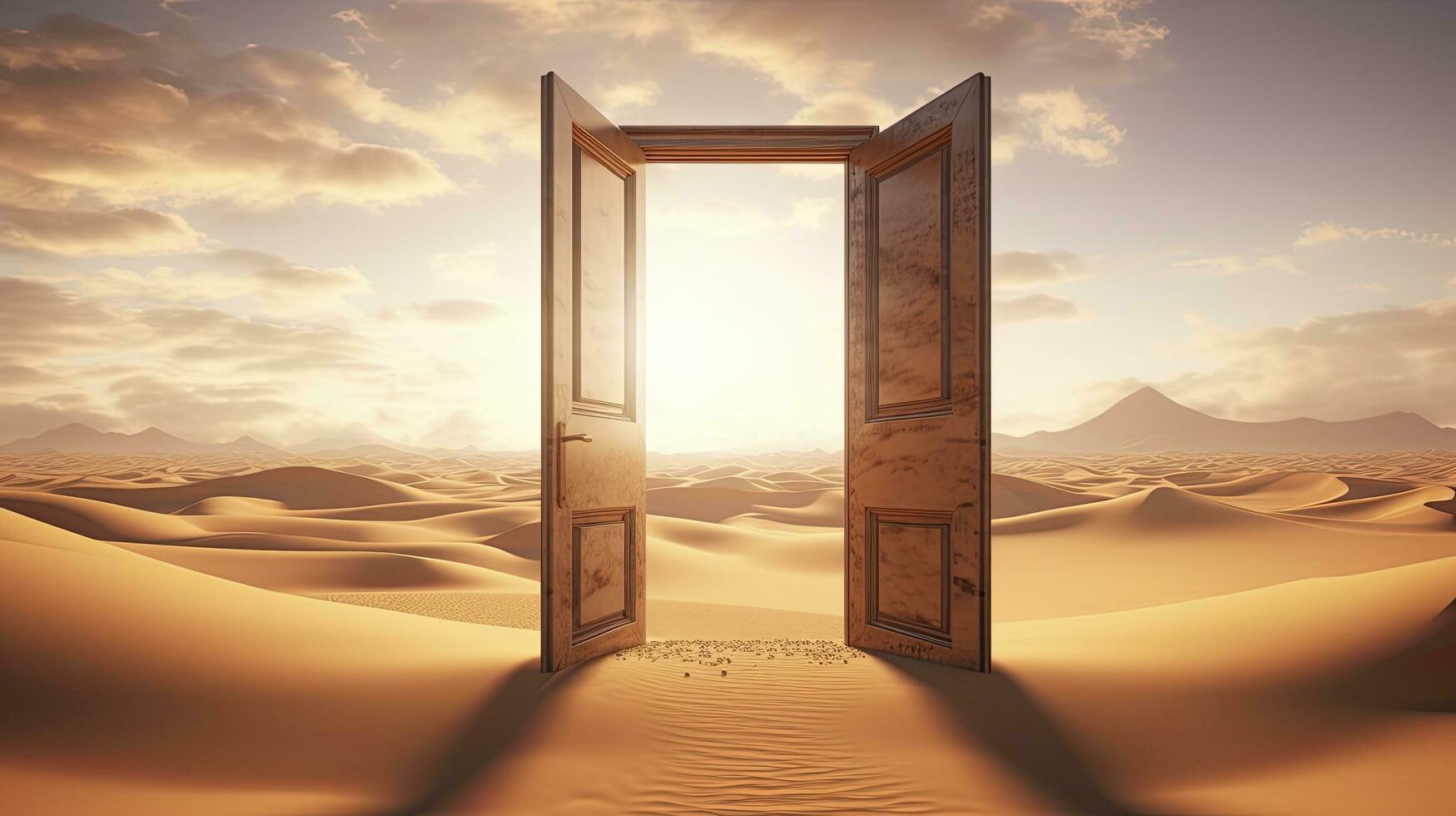 ai generado el abrió puerta en el desierto. desconocido y comienzo arriba concepto. ai generado. foto