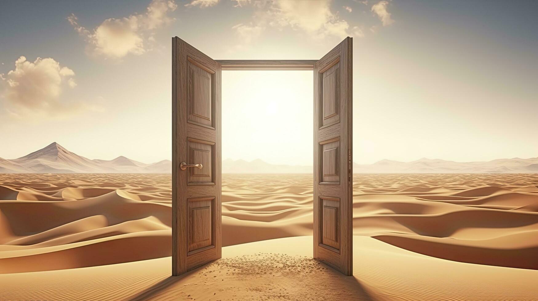 ai generado el abrió puerta en el desierto. desconocido y comienzo arriba concepto. ai generado. foto