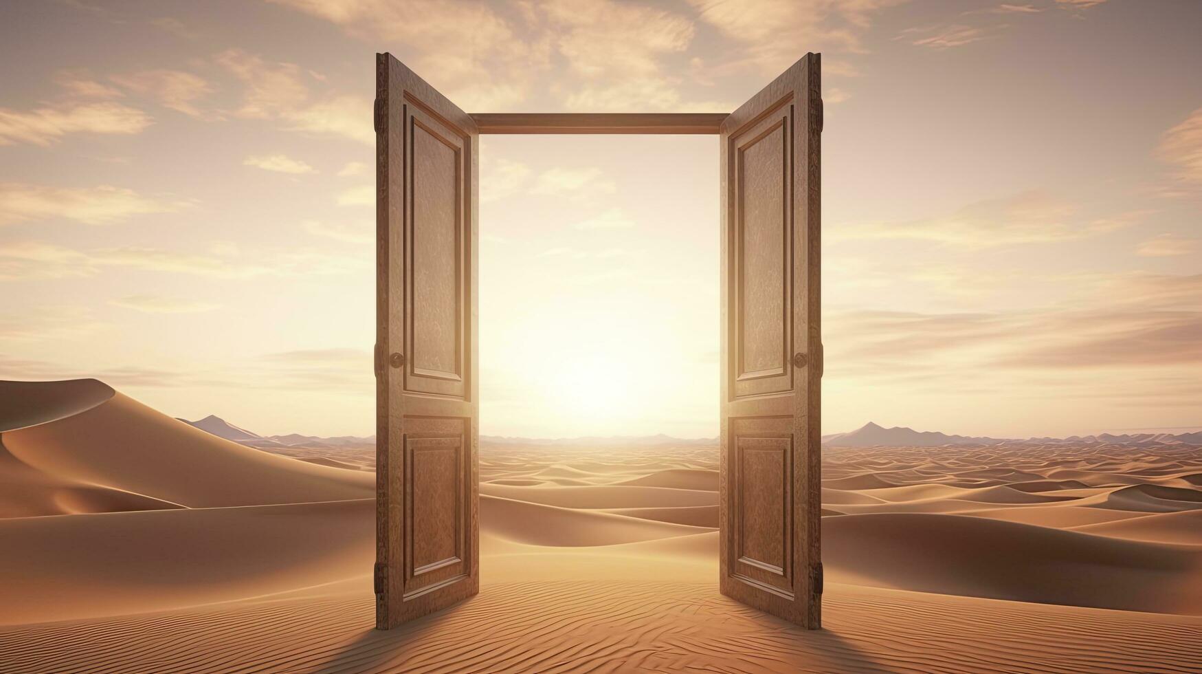 ai generado el abrió puerta en el desierto. desconocido y comienzo arriba concepto. ai generado. foto