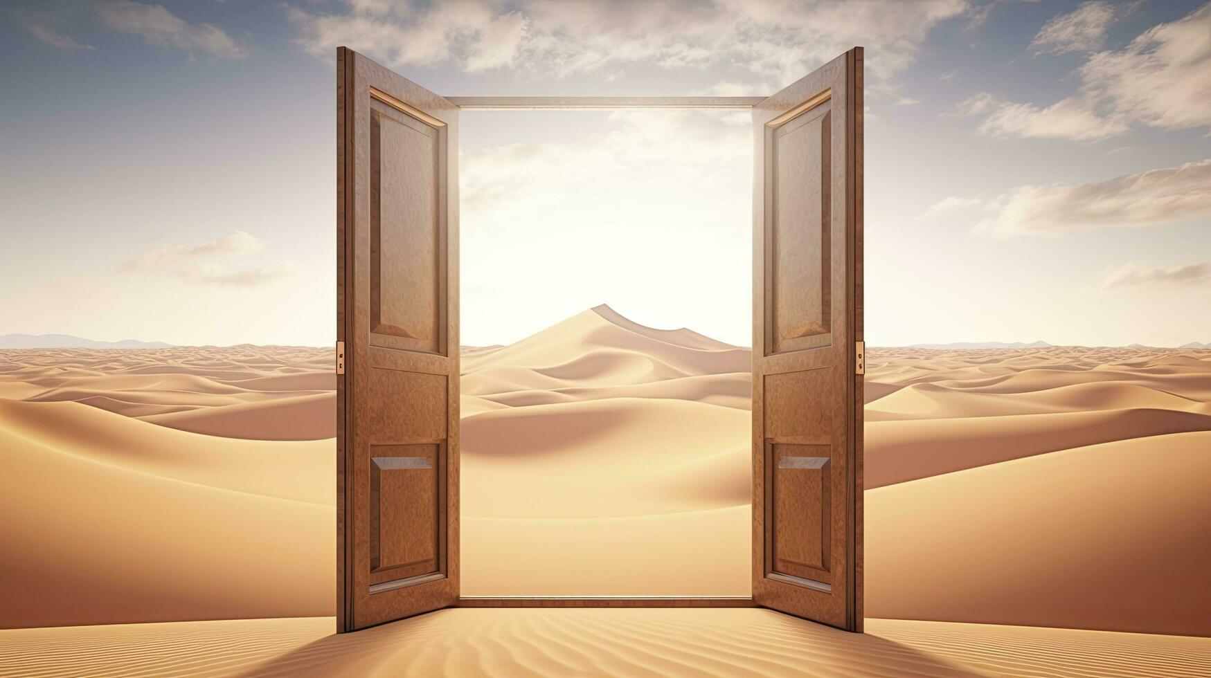 ai generado el abrió puerta en el desierto. desconocido y comienzo arriba concepto. ai generado. foto