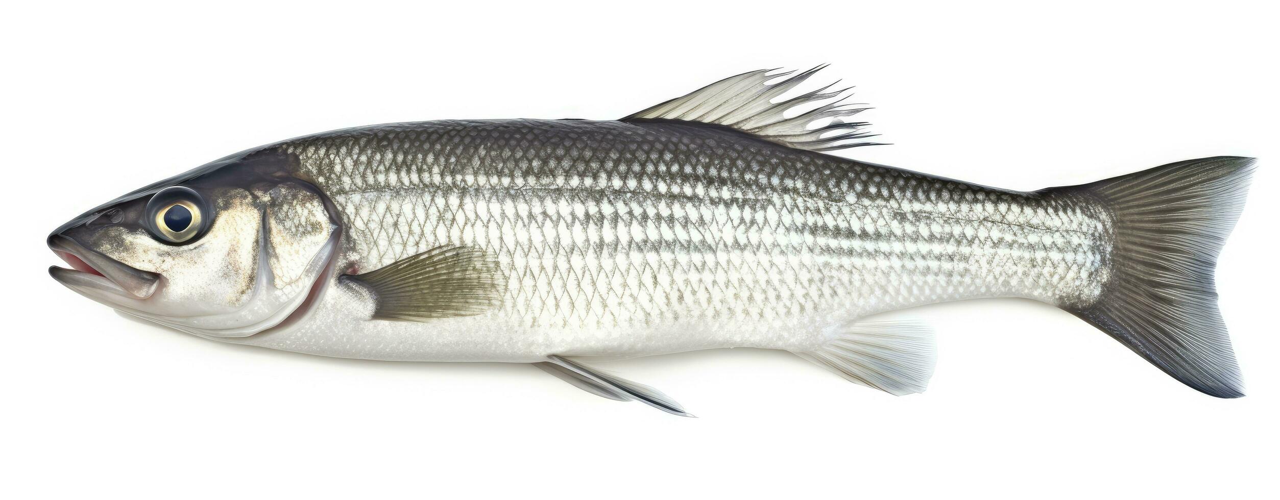 AI generated One fresh sea bass fish isolated on white background. AI Generated. photo