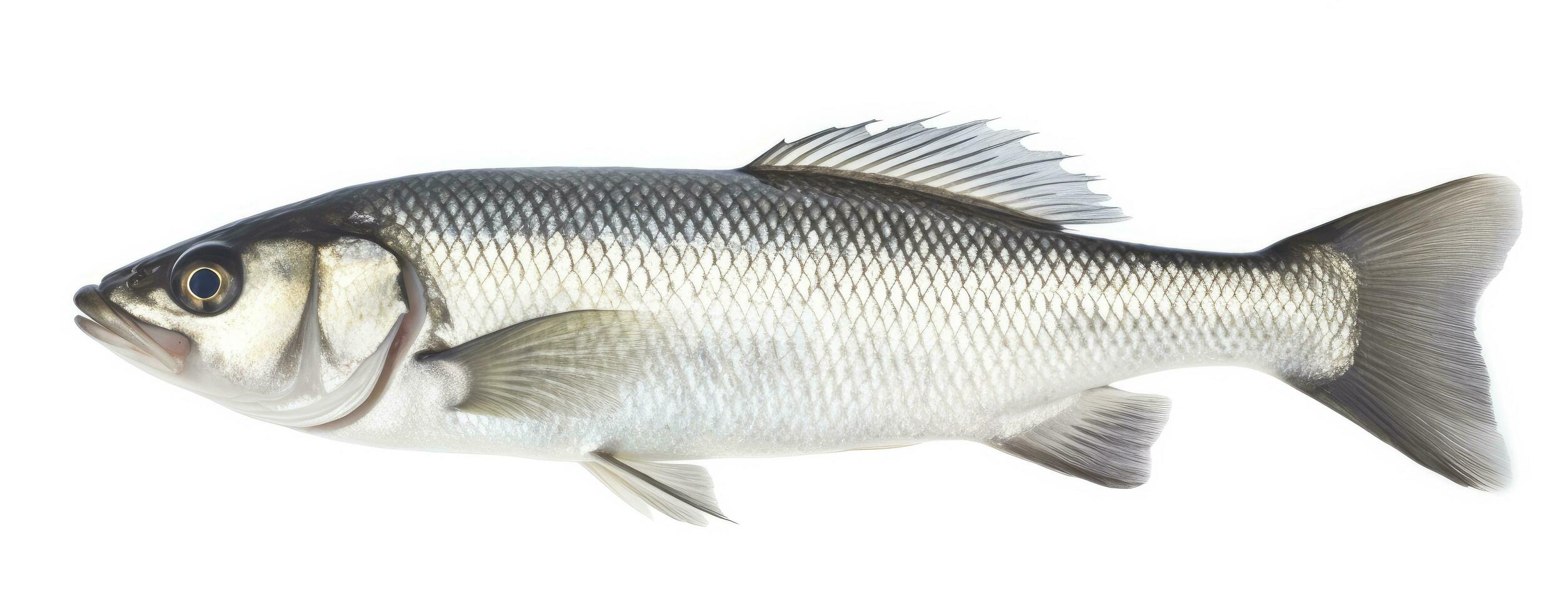 AI generated One fresh sea bass fish isolated on white background. AI Generated. photo