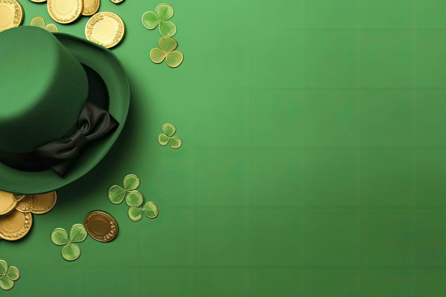 AI generated St Patrick's Day concept. leprechaun headwear gift boxes pot with gold coins. AI Generated photo