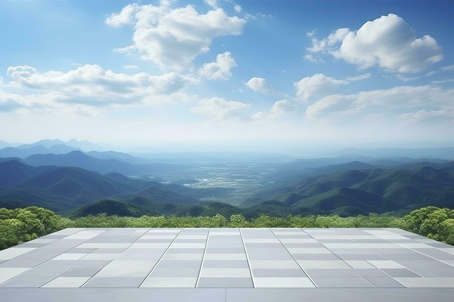 AI generated Square floor and green mountain nature landscape. AI Generated. photo