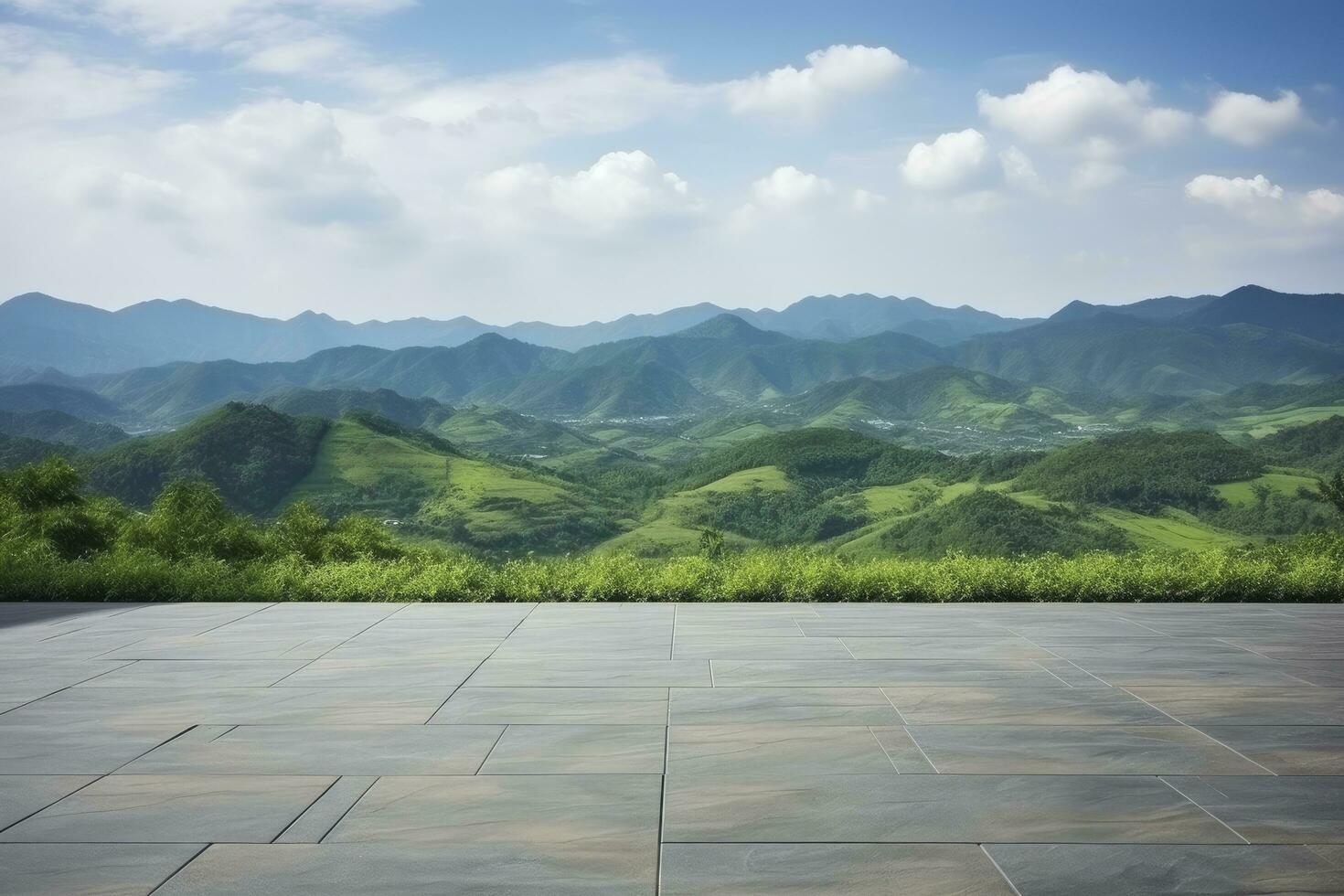AI generated Square floor and green mountain nature landscape. AI Generated. photo